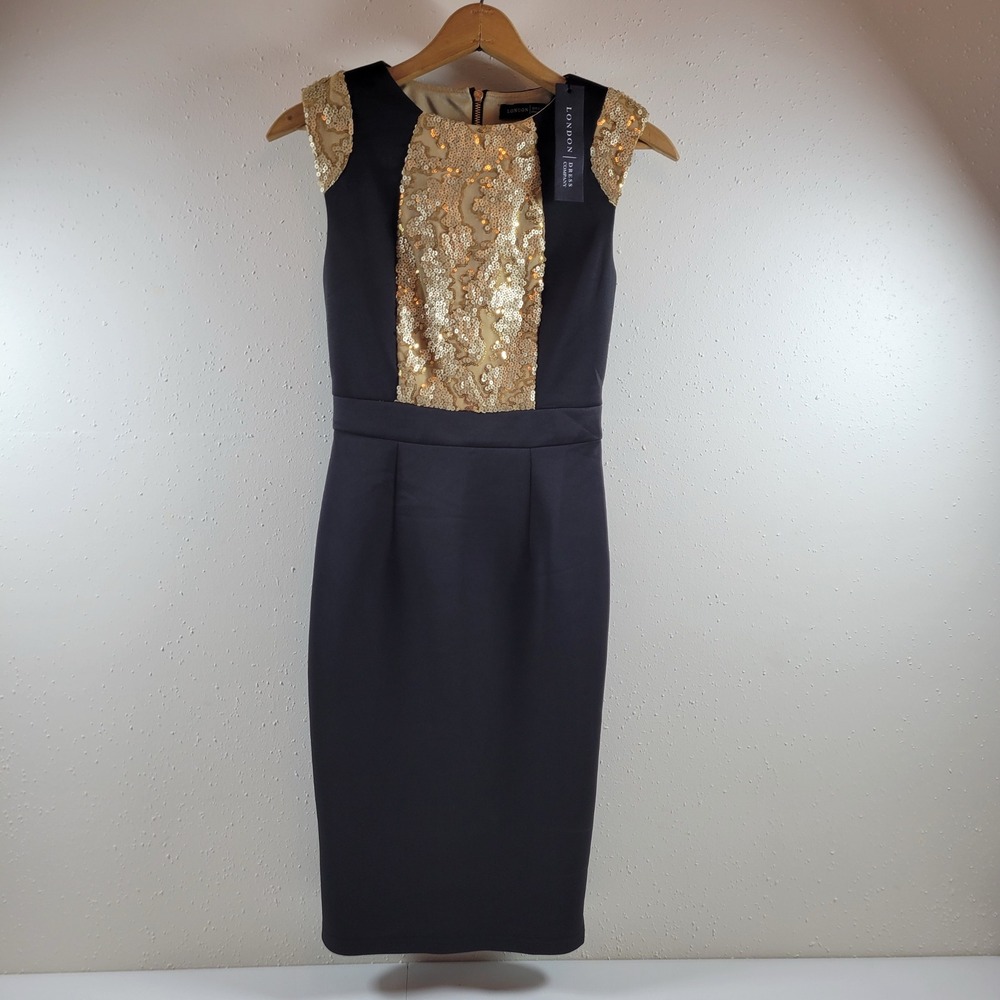 NWT London Dress Company Sheath Dress Womens 2 Black Gold Sequin Lace Carol